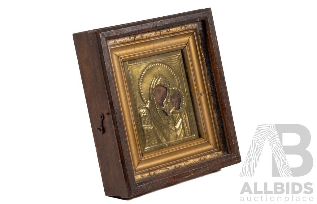 Artist Unknown (Late 19th Century), Our Lady of Kazan, Absolutely Beautiful Antique Russian Empire Orthodox Icon, Pressed Metal Riza on Painted Wood Panel, 16 x 14 cm (icon and frame)