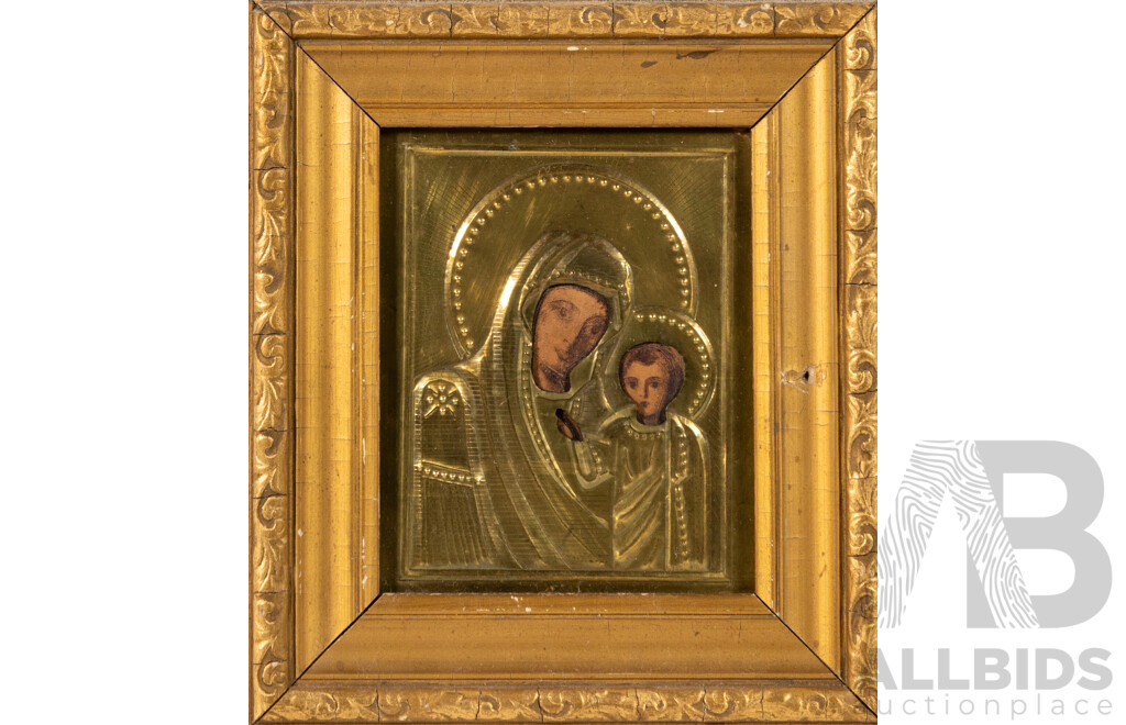 Artist Unknown (Late 19th Century), Our Lady of Kazan, Absolutely Beautiful Antique Russian Empire Orthodox Icon, Pressed Metal Riza on Painted Wood Panel, 16 x 14 cm (icon and frame)