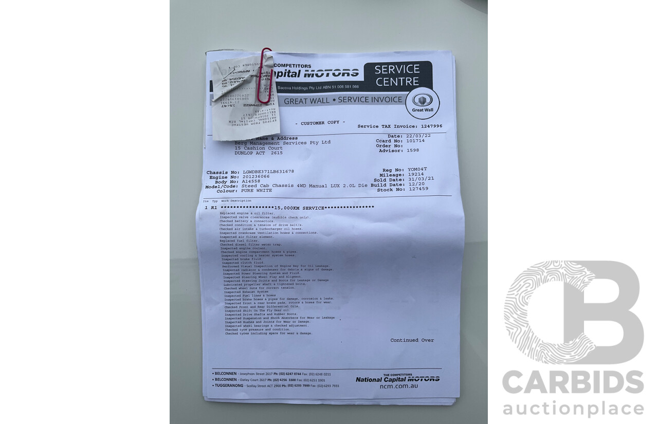 1/2021 Great Wall Steed (4x4) K2 C/Chas Pure White Turbo Diesel 2.0L