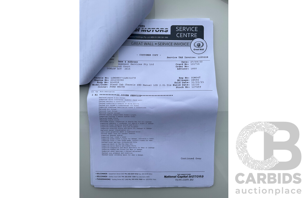 1/2021 Great Wall Steed (4x4) K2 C/Chas Pure White Turbo Diesel 2.0L