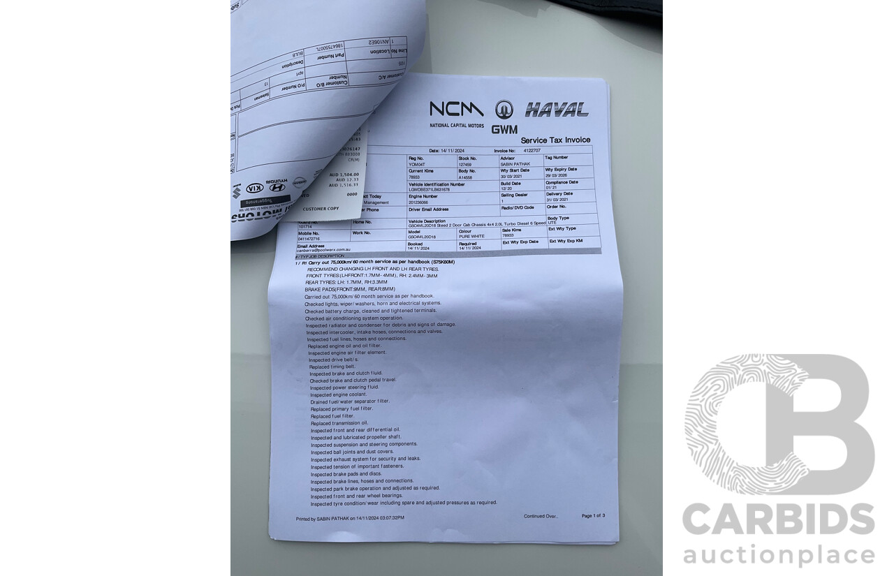 1/2021 Great Wall Steed (4x4) K2 C/Chas Pure White Turbo Diesel 2.0L