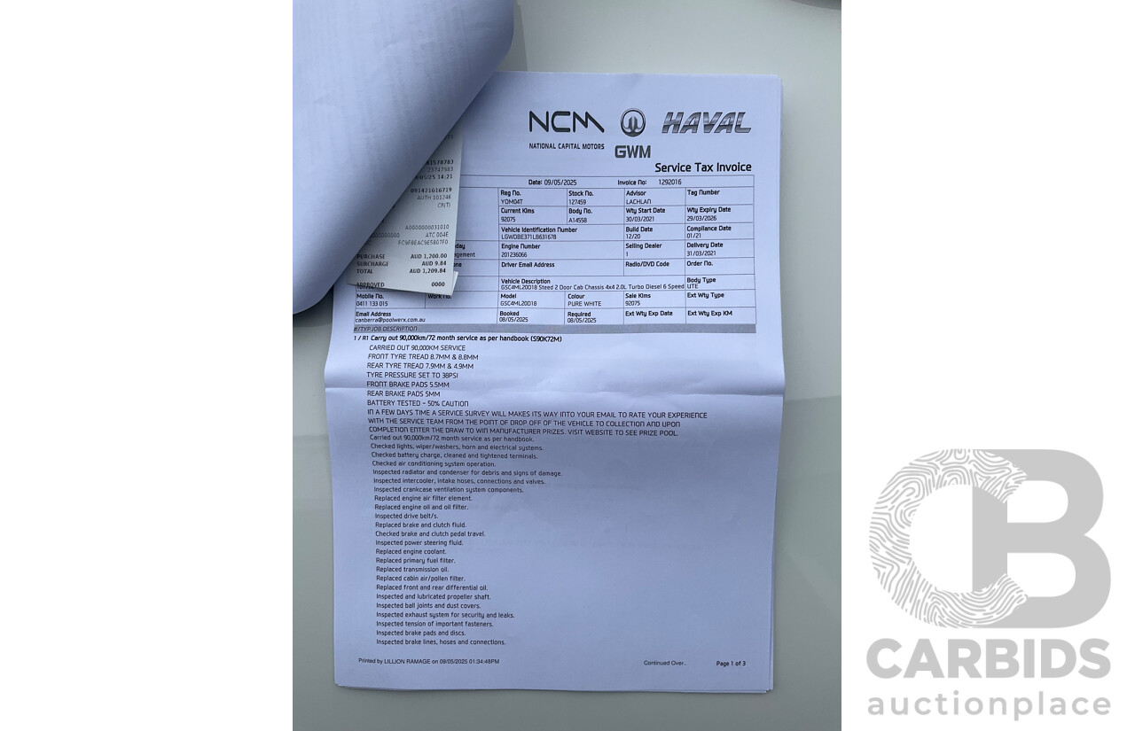 1/2021 Great Wall Steed (4x4) K2 C/Chas Pure White Turbo Diesel 2.0L