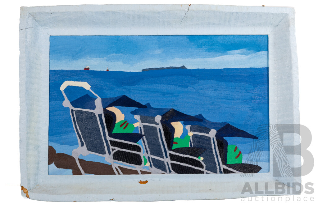 Geoff Drake-Brockman (20th Century, Australian, 1964-), Triplets in a Pram (1987), Wonderful Original Oil on Canvas in Unique Sculpted Frame, 50 x 73 cm (frame)