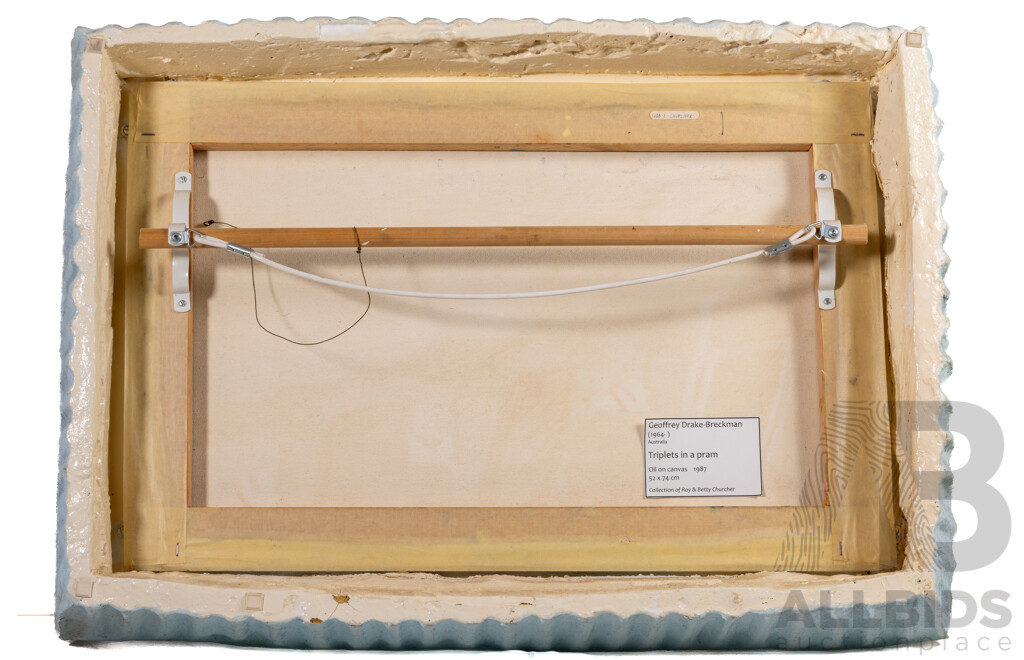 Geoff Drake-Brockman (20th Century, Australian, 1964-), Triplets in a Pram (1987), Wonderful Original Oil on Canvas in Unique Sculpted Frame, 50 x 73 cm (frame)