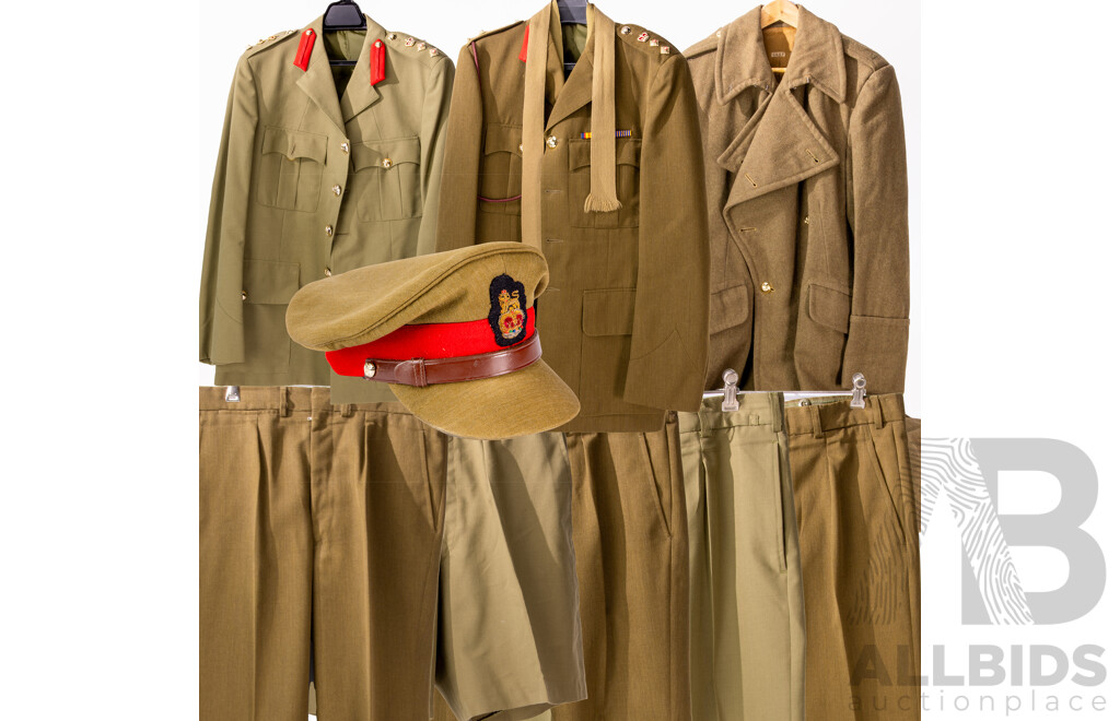Vintage Australian & British Army Uniform with Two Jackets Each with Two Bath Stars to Epaulets,Two Sets Dress Trousers, Hat, Great Coat and More