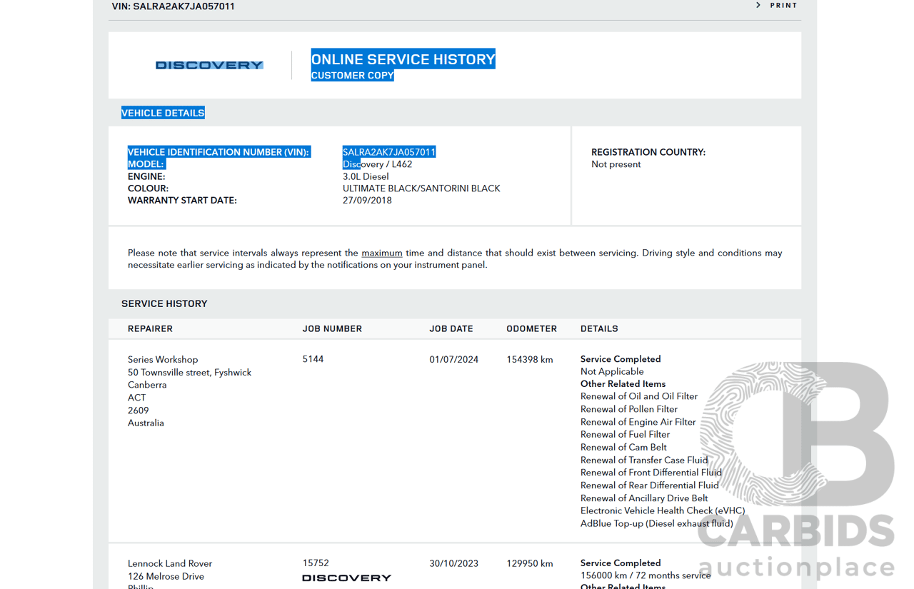 03/2018 Land Rover Discovery TD6 SE (190kW) (4x4) MY18 4D Wagon Santorini Black Turbo Diesel 3.0L - 7 Seats