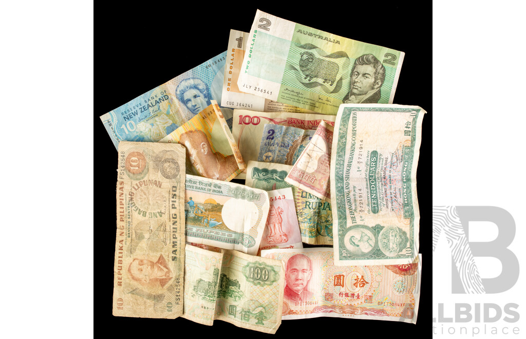 Collection of Vintage International Banknotes Including Australian One and Two Dollar Knight/Stone, New Zealand Five and Ten Dollar, Samoa, Hong Kong, Indonesia, India