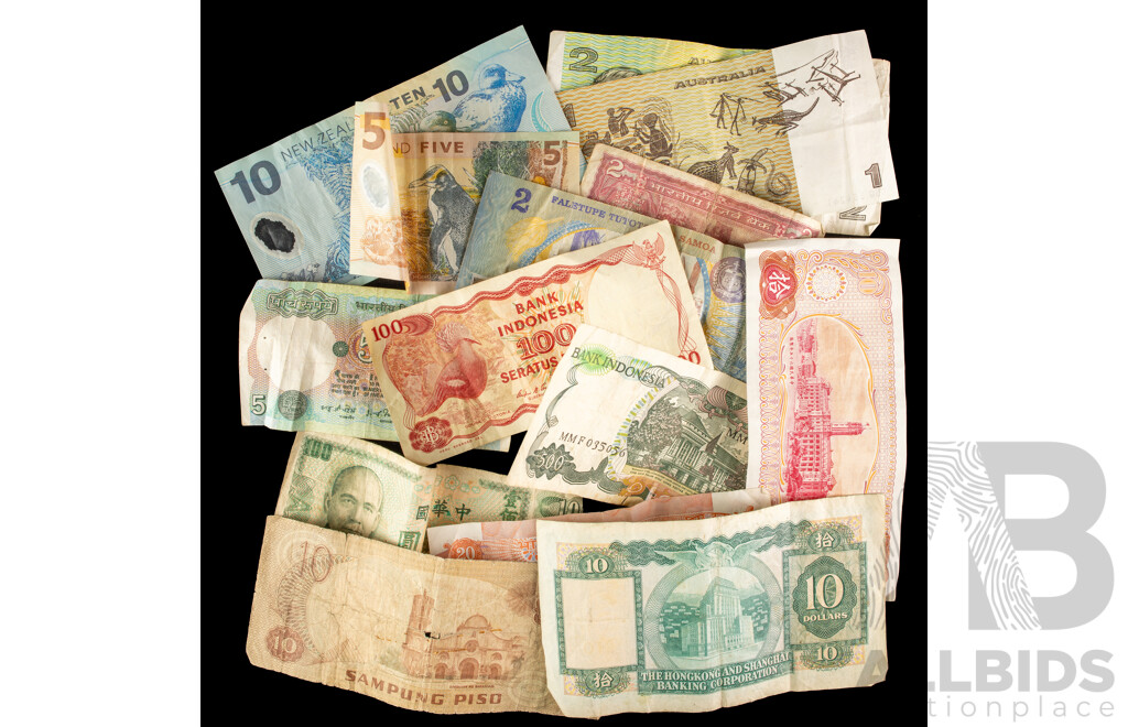 Collection of Vintage International Banknotes Including Australian One and Two Dollar Knight/Stone, New Zealand Five and Ten Dollar, Samoa, Hong Kong, Indonesia, India
