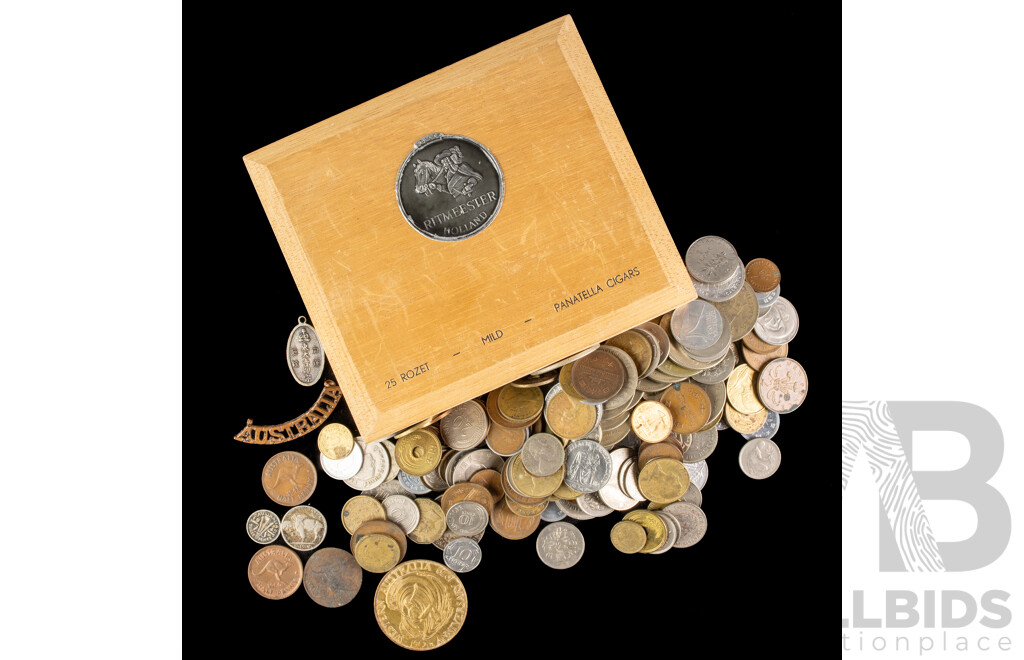Collection of Vintage International Coins Including Australian 1942 Silver Threepence, Half Pennies, 150Th Anniversary Swan River Medallion, USA 1936 Silver Five Cents, France, Philippines, Italy, UK, Singapore, Hong Kong, Canada - Approximately 850 Grams