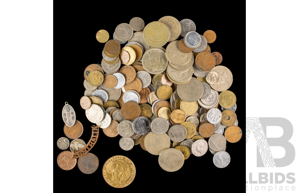 Collection of Vintage International Coins Including Australian 1942 Silver Threepence, Half Pennies, 150Th Anniversary Swan River Medallion, USA 1936 Silver Five Cents, France, Philippines, Italy, UK, Singapore, Hong Kong, Canada - Approximately 850 Grams