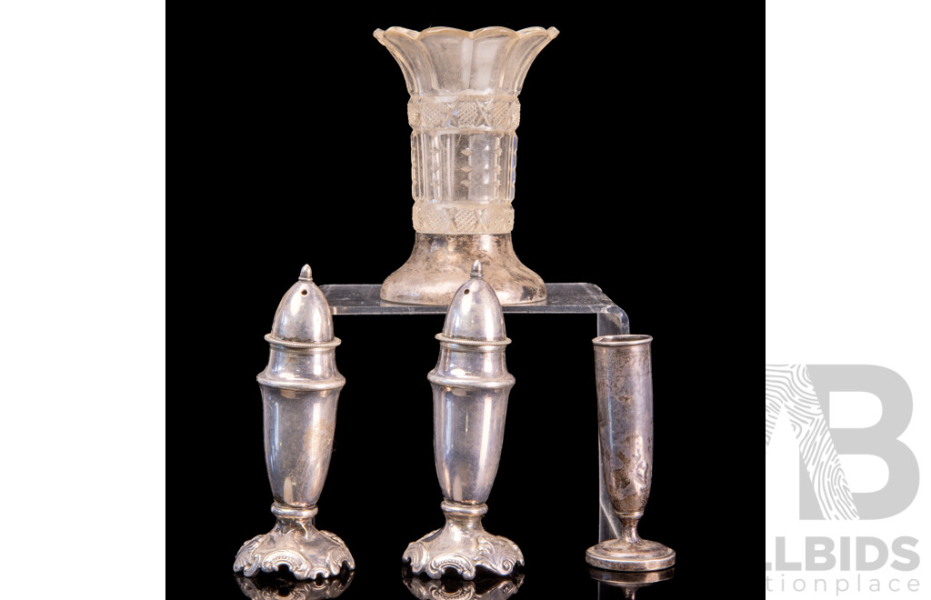 Pair Vintage Sterling Silver .950 Salt Shakers, Sterling Silver Vase, Birmingham 1907, Small Glass Vase with Sterling Silver Base