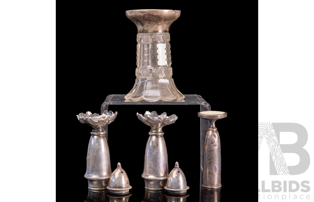 Pair Vintage Sterling Silver .950 Salt Shakers, Sterling Silver Vase, Birmingham 1907, Small Glass Vase with Sterling Silver Base