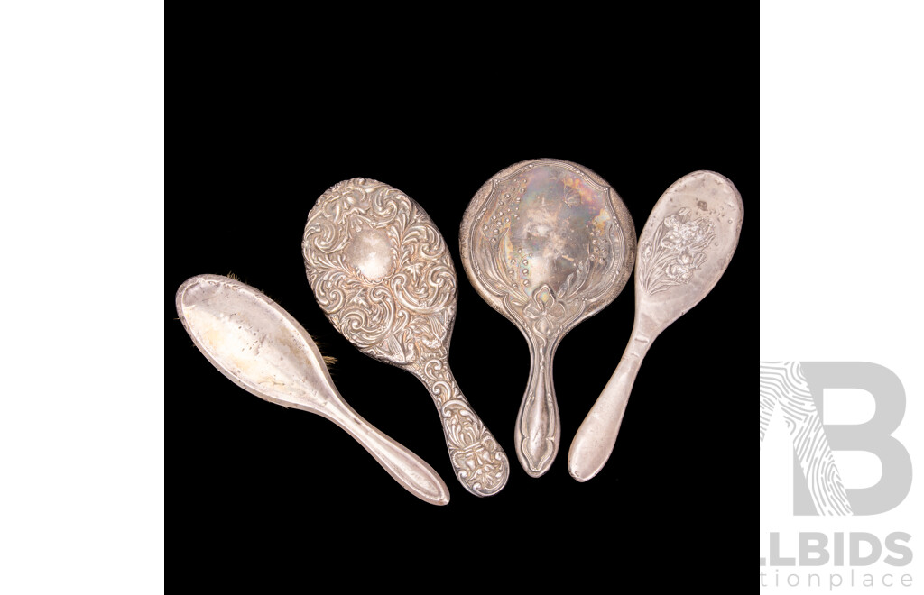 Collection Antique Sterling Silver Vanity Items Comprising Two Hand Mirrors & Two Hairbrush Backs, Hallmarked