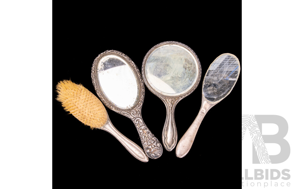 Collection Antique Sterling Silver Vanity Items Comprising Two Hand Mirrors & Two Hairbrush Backs, Hallmarked