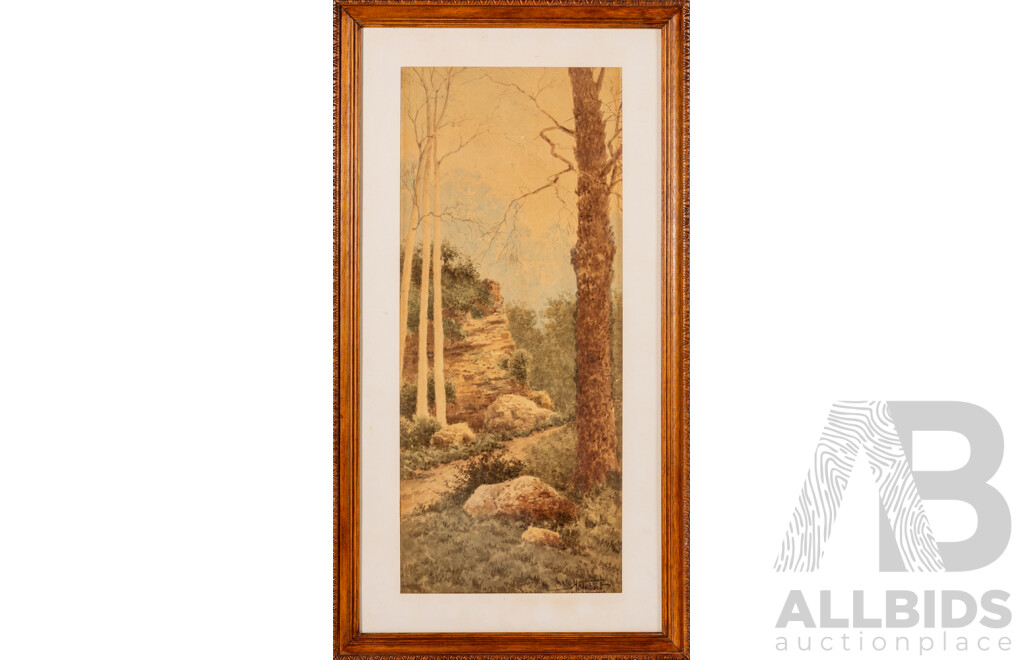 Henri Tebbit, (19/20th Centuries, British-Australian, 1852-1926), Path in Bush Amongst the Rocks, Wonderful Antique Watercolour, 67 x 36 cm (frame)