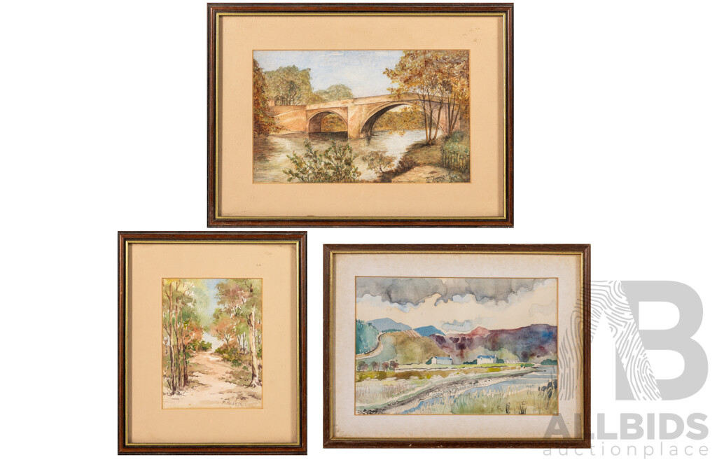 M. Hobbie & N. Chamberlain & Artist Unknown (Early 20th Century), the Path, the Bridge & Houses, Lovely Trio of Antique Miniature Watercolours, 23 x 32 cm (largest frame) (3)