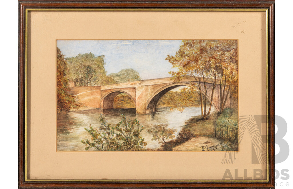 M. Hobbie & N. Chamberlain & Artist Unknown (Early 20th Century), the Path, the Bridge & Houses, Lovely Trio of Antique Miniature Watercolours, 23 x 32 cm (largest frame) (3)
