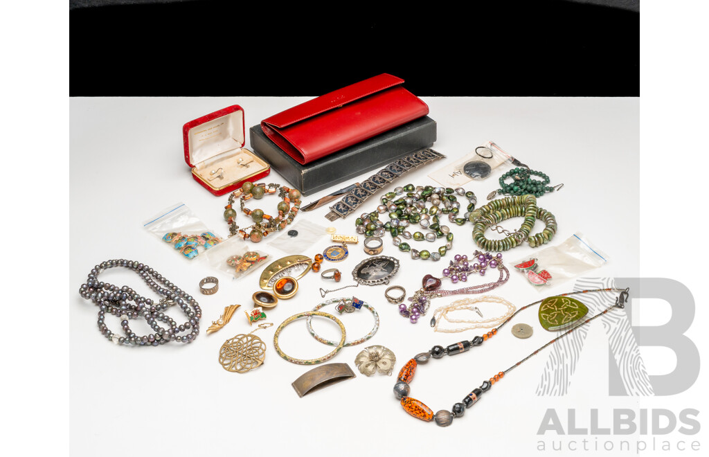 Collection of Vintage Jewellery Including Cloissoné Bangles, Pearl Necklaces & Siam Silver