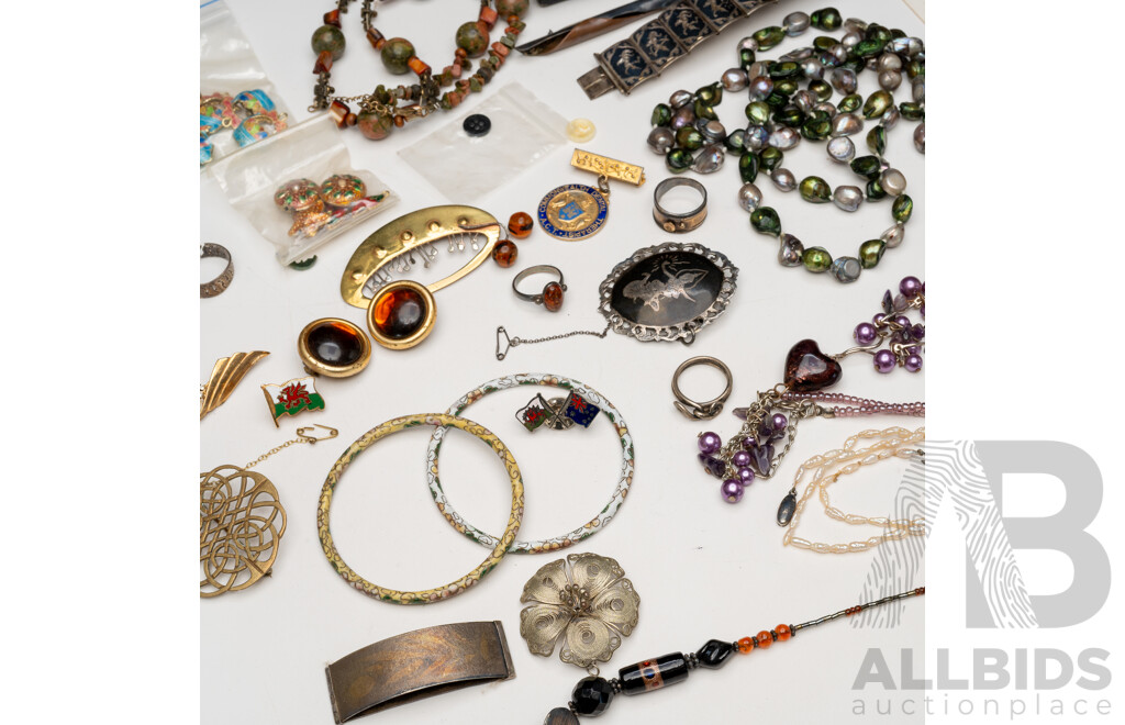 Collection of Vintage Jewellery Including Cloissoné Bangles, Pearl Necklaces & Siam Silver