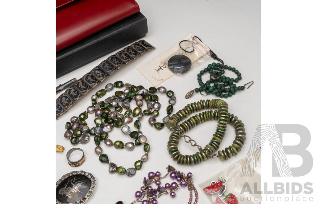 Collection of Vintage Jewellery Including Cloissoné Bangles, Pearl Necklaces & Siam Silver