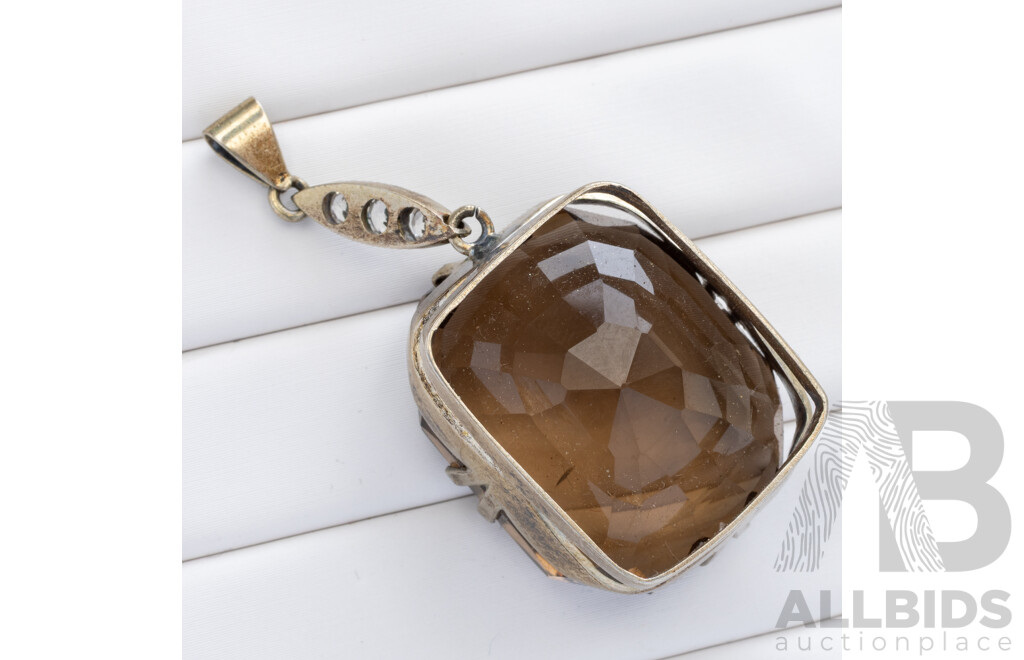 Antique Sterling Silver Art Deco Smokey Quartz & White Topaz Drop Cocktail Pendant, 45mm Long, 15.86 Grams