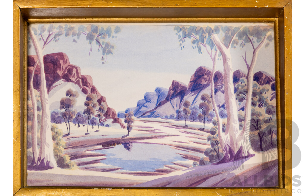 Walter Ebatarinja, (20th Century, Indigenous-Australian, 1915-1969), Finke River, Central Australian Landscape, Beautiful Original Vintage Watercolour in Fabulous Frame, 40 x 56 cm (frame)