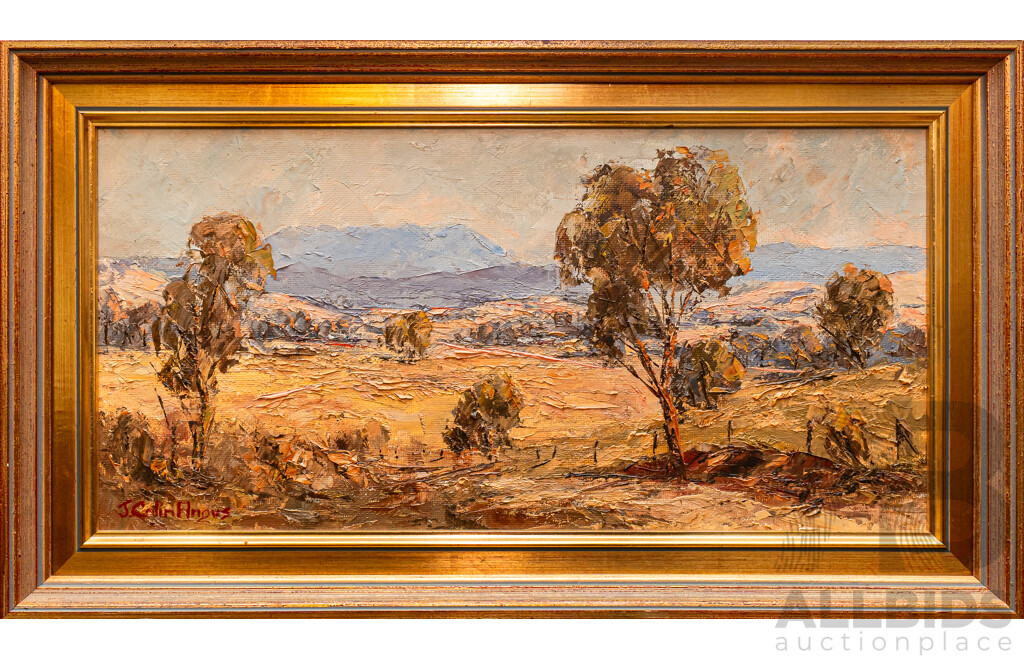 J. Colin Angus, (20th Century, Australian, 1907-2002), Mt. Buffalo, Beautiful Original Oil on Canvas Board, 33.5 x 59 cm (frame)