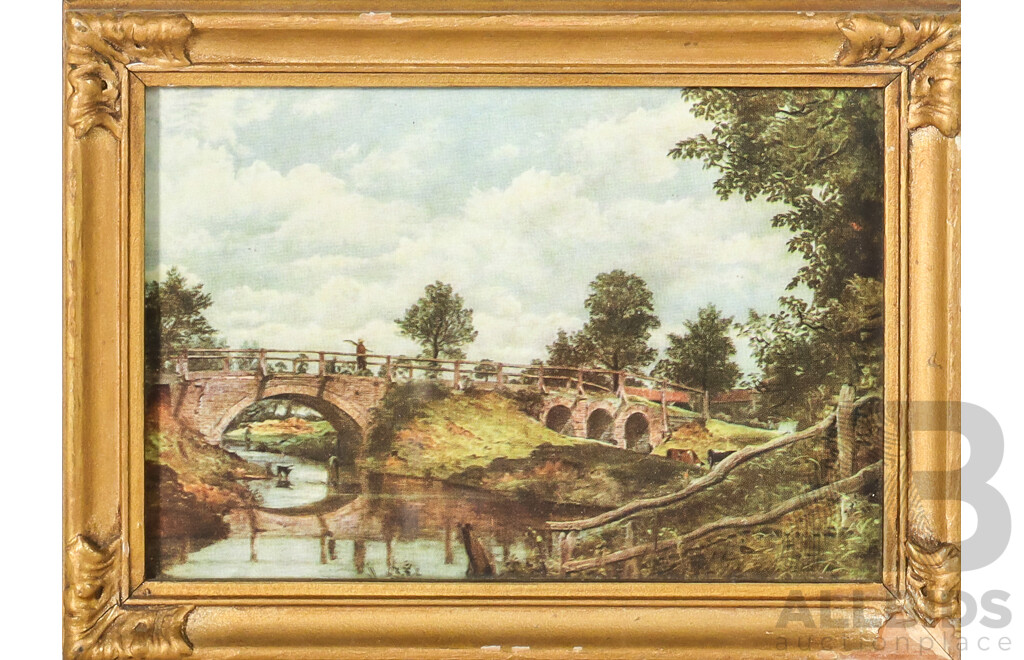 John Constable (18/19th Centuries, British, 1776-1837), Bridge Over the Stour, Vintage Reproduction MIniature Print After the Original, 12 x 16 cm (frame)