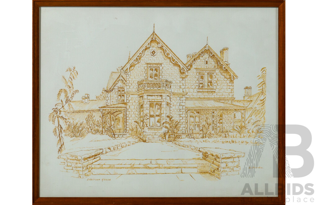 K.V Noorden, (20th Century, Australian), Duntroon House, Original Vintage Ink Drawing, 33 x 40 cm (frame) & the Australian Clipper Ship 'Marco Polo' Print Framed, 24 x 34 cm (frame) (2)