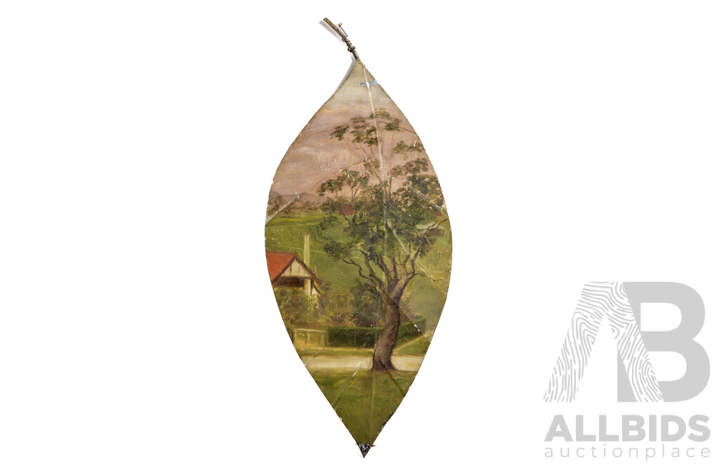 Ethel Crooke, (20th Century, Australian, 1883-1950), Launching Place, Kitchwood Park, Wonderful Original Vintage Watercolour on Leaf-Shaped Metal Panel, 42 x 20 cm (approx dimensions)