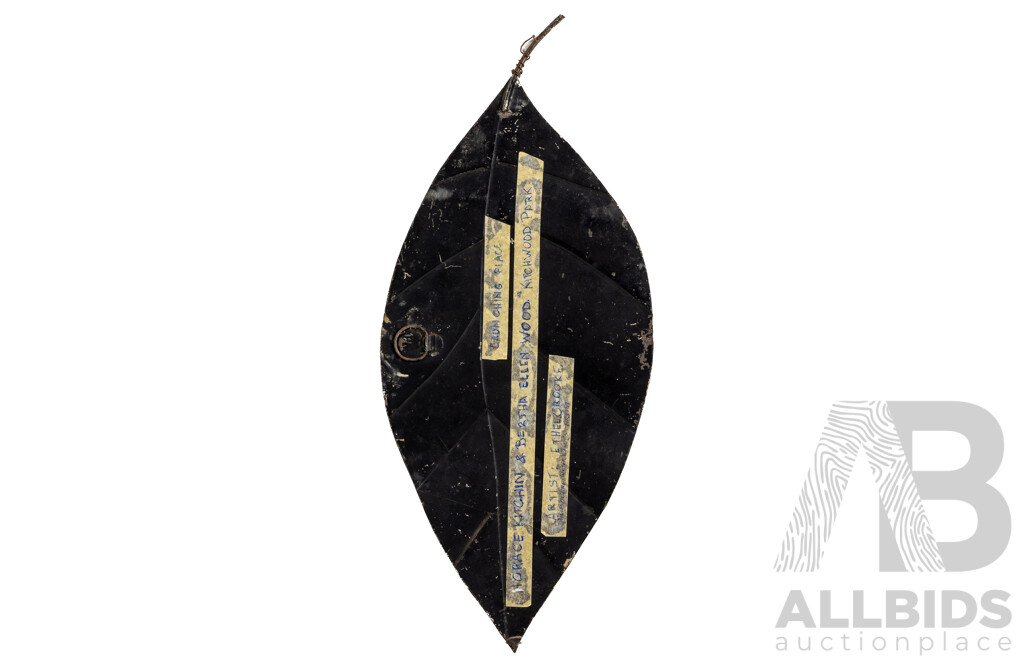 Ethel Crooke, (20th Century, Australian, 1883-1950), Launching Place, Kitchwood Park, Wonderful Original Vintage Watercolour on Leaf-Shaped Metal Panel, 42 x 20 cm (approx dimensions)