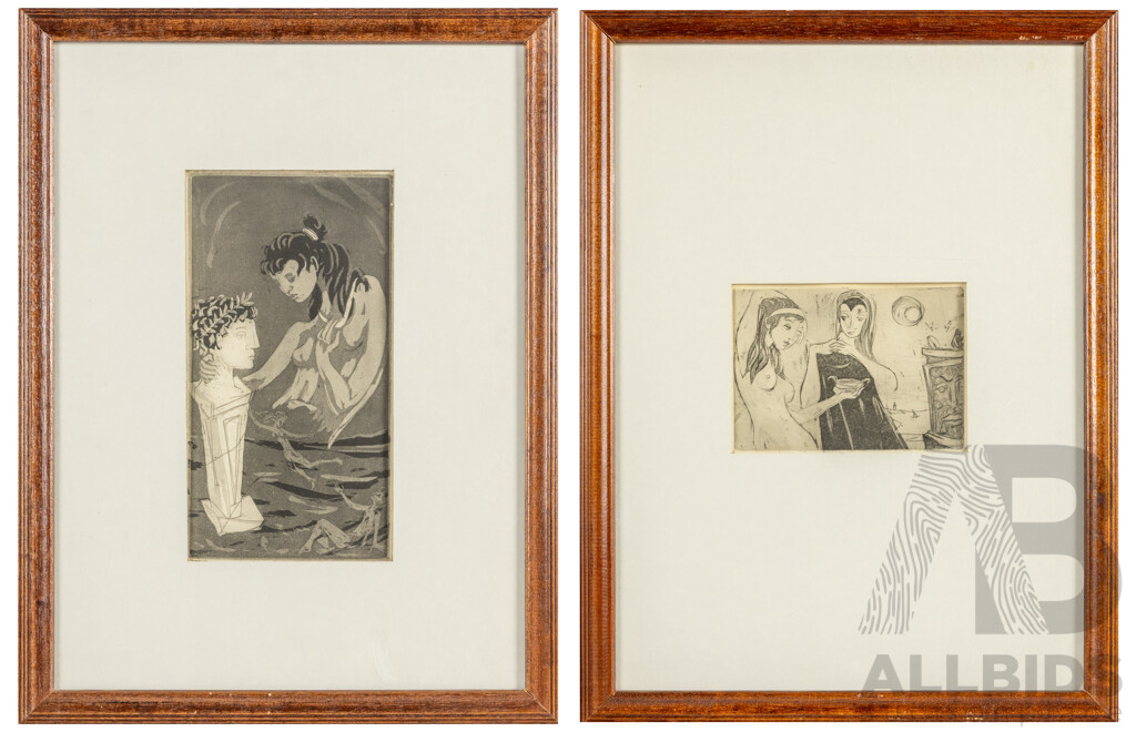 Artist Unknown, (20th Century), The Offering of Artemis & Cleopatra Dreaming, Pair of Original Mid-Century Italian Etchings, 42H x 32W cm (frames) (2)