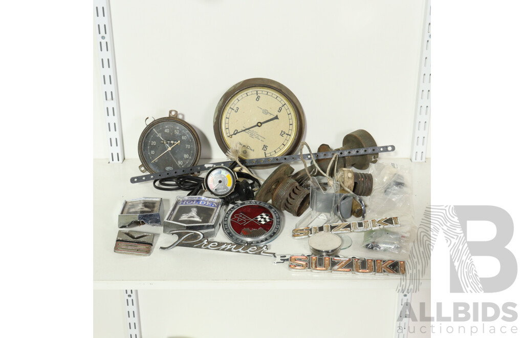 Vintage Car Parts Including Car Emblems of Holden, Ford, Chevrolet, Suzuki and More