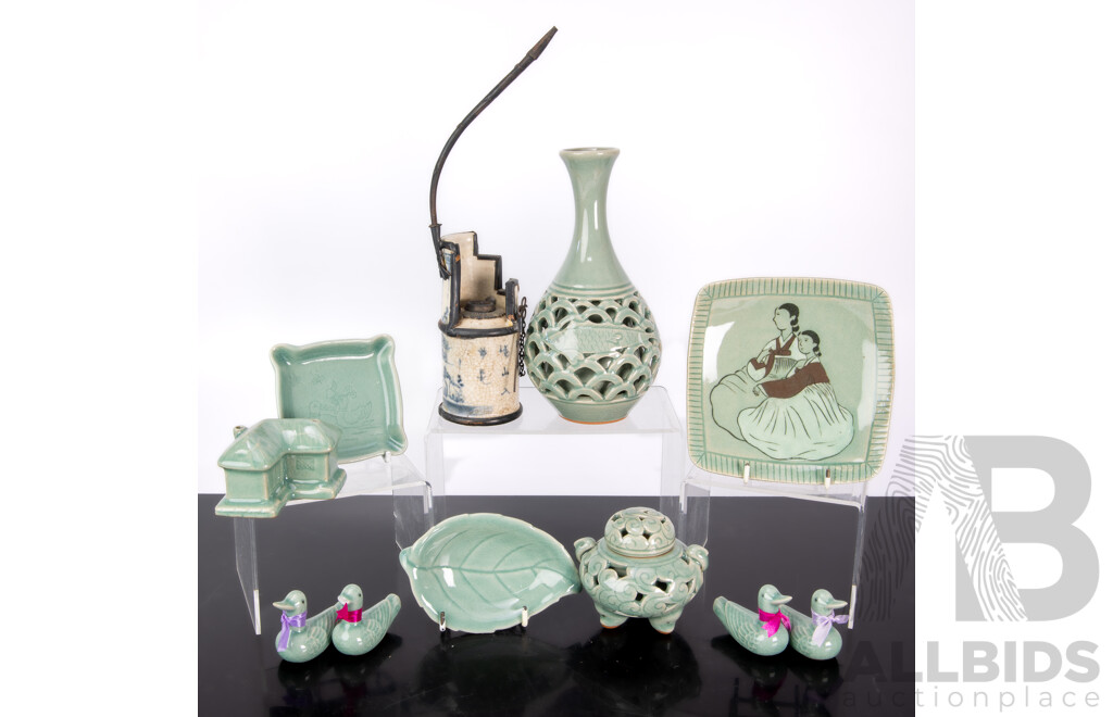 Collection Korean & Chinese Celadon Porcelain Including Antique Opium Pipe, Tripod Legged Lidded Censer, Pierced Vase with Fish Decoration and More