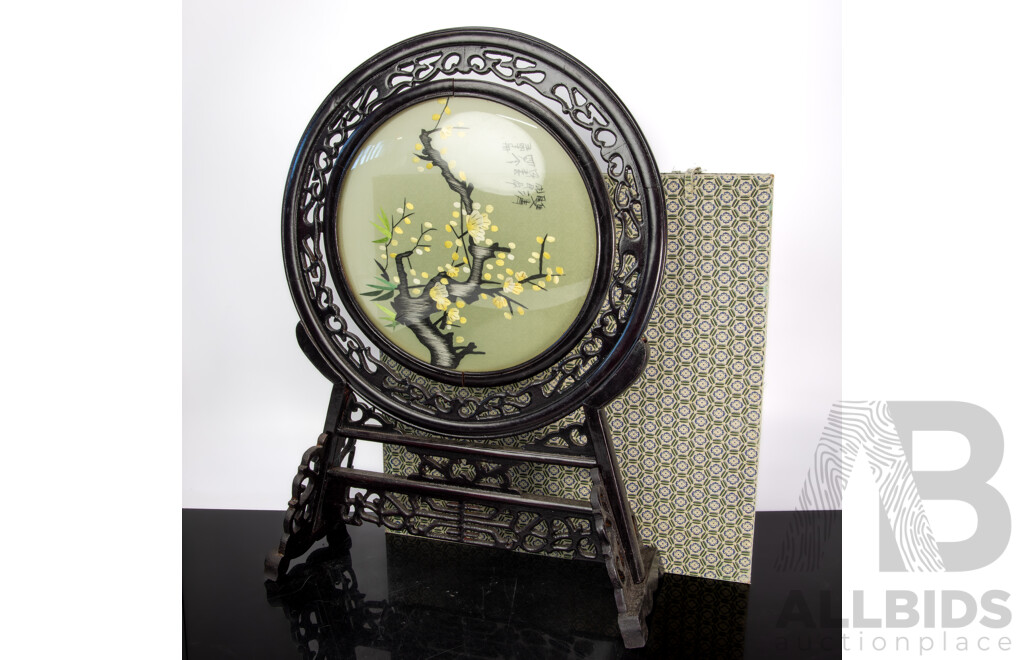Vintage Chinese Silk Embroidery Glass Panel with Carved Wooden Stand in Presentation Box