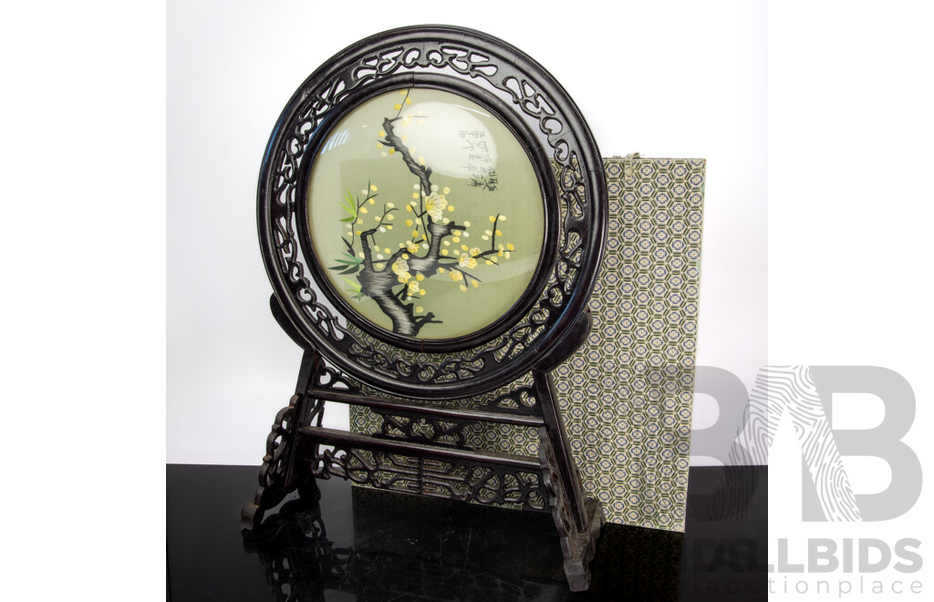 Vintage Chinese Silk Embroidery Glass Panel with Carved Wooden Stand in Presentation Box