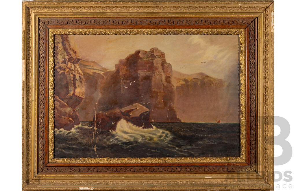 Artist Unknown, (c1905), Waves Crashing at Ocean Cove, Wonderful Antique Original Oil on Canvas Cloth, 76 x 101 cm (frame)
