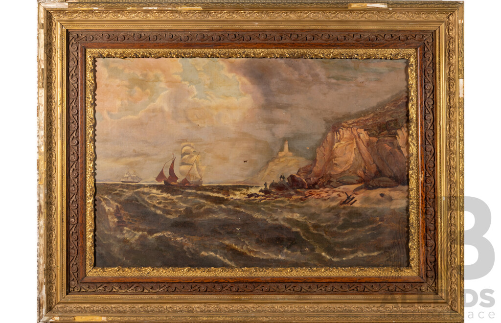 Artist Unknown, (c1905), Ships Arrival with Lighthouse in Distance, Wonderful Antique Original Oil on Canvas Cloth, 76 x 101 cm (frame)