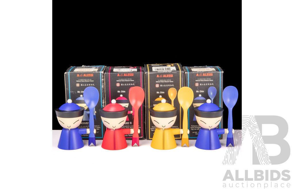 Collection of Four Boxed Mr Chin Egg Cups with Salt Spoon by Stefano Giovannoni for Alessi