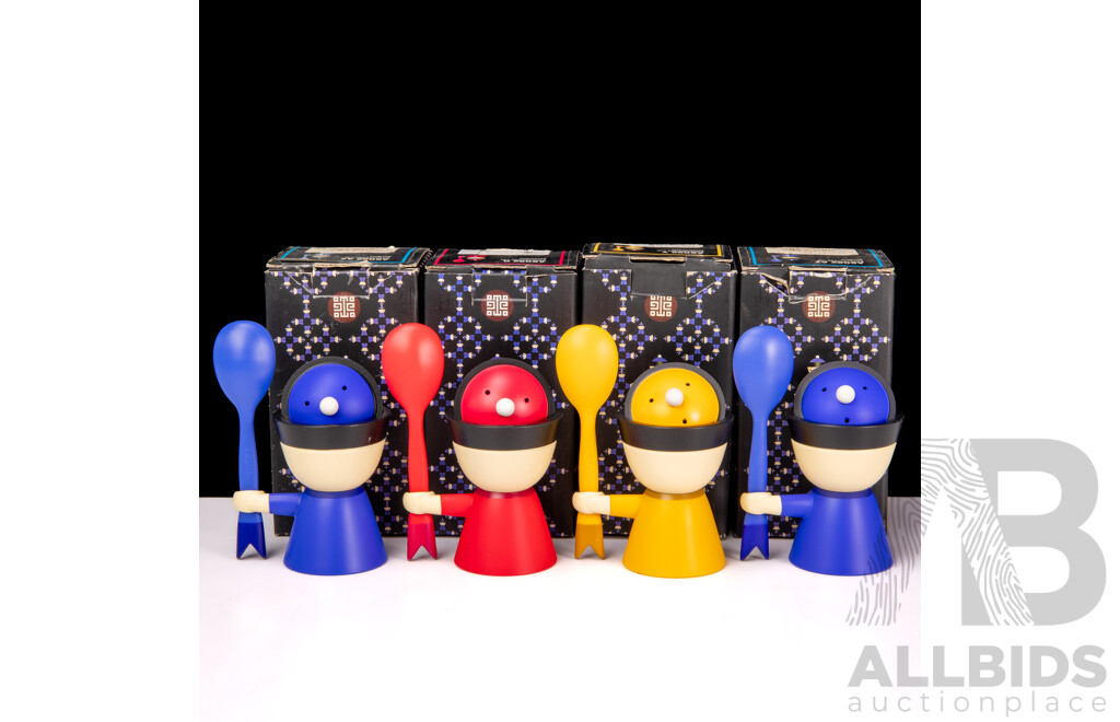 Collection of Four Boxed Mr Chin Egg Cups with Salt Spoon by Stefano Giovannoni for Alessi