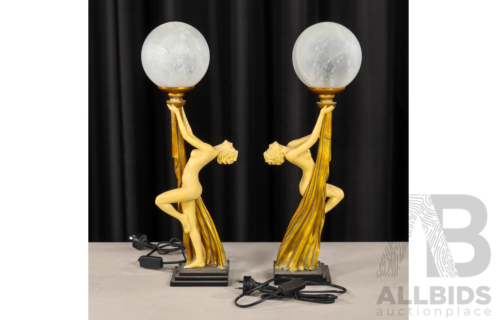 Pair of Composite Art Deco Style Lady Lamps