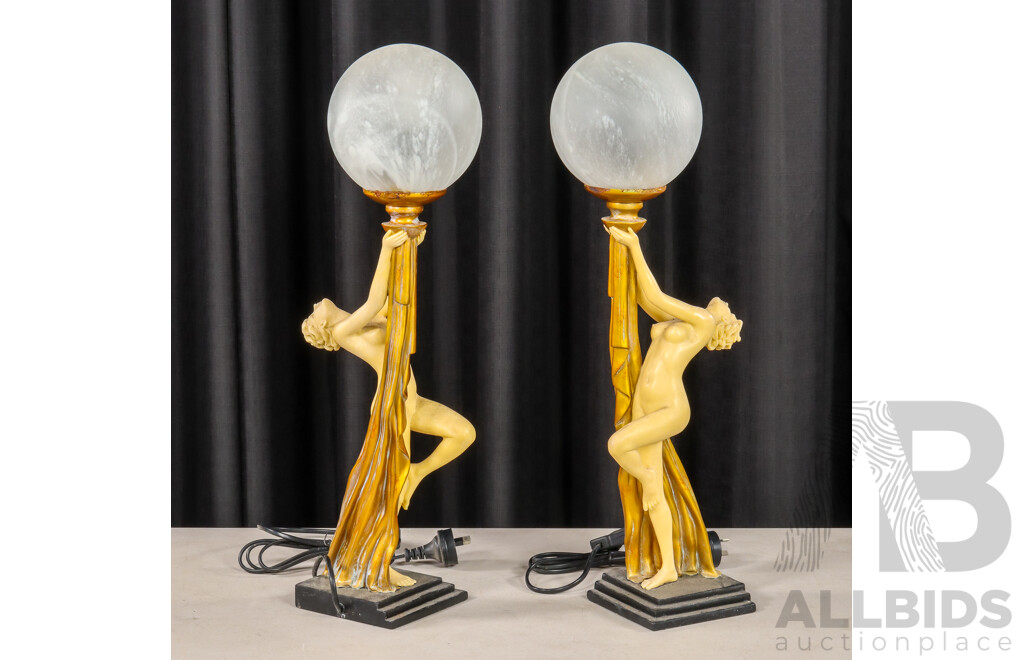 Pair of Composite Art Deco Style Lady Lamps