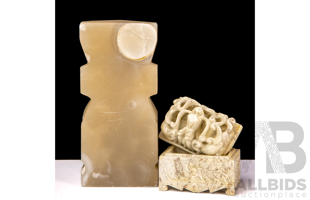 Small Carved Aztec Style Figure and Carved Trinket Box