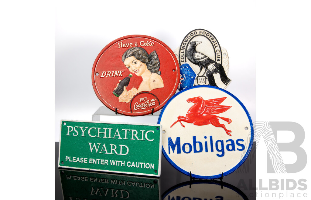 Collection of Four Reproduction Cast Iron Signs