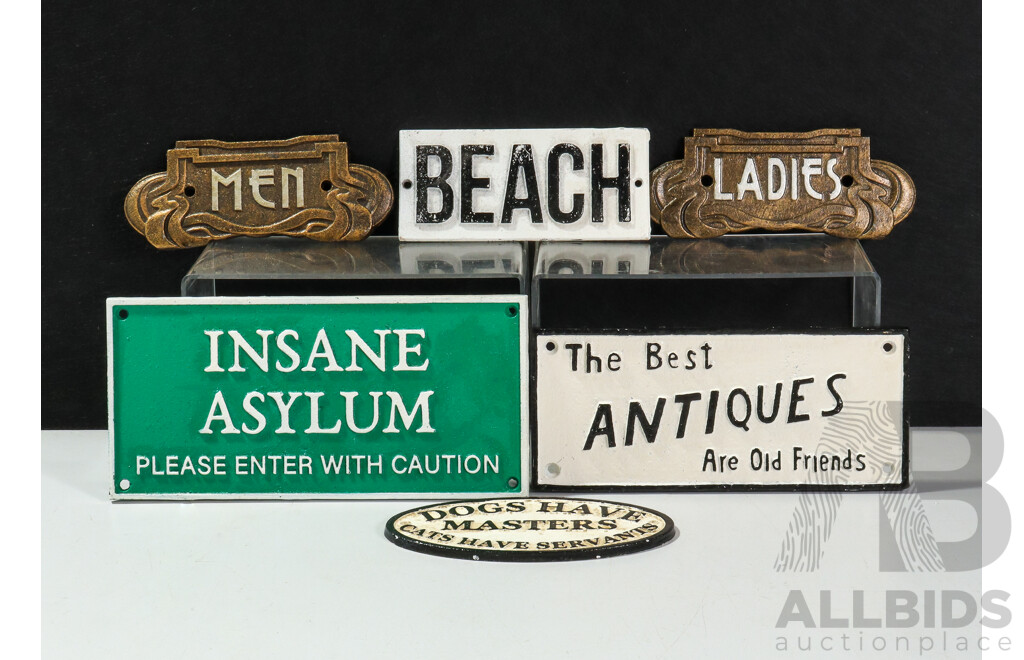 Collection of Five Reproduction Cast Small Signs