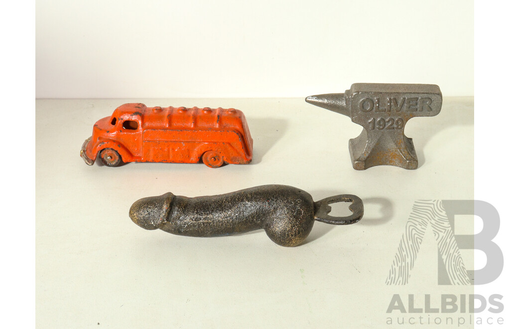 Cast Iron Assortment - Oliver 1929 Miniature Anvil, Penis Bottle Opener, Oil Tanker Truck