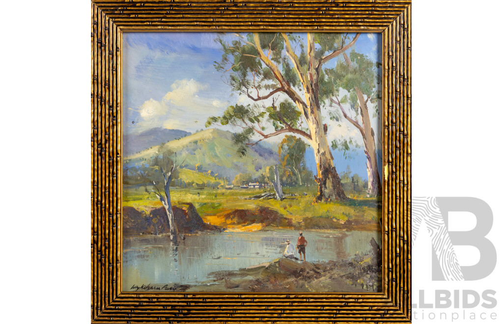 Wykeham Perry, (20th Century, Australian, 1936-2021), By the Water, Wonderful Vintage Oil on Board, 50 x 50 cm (frame)