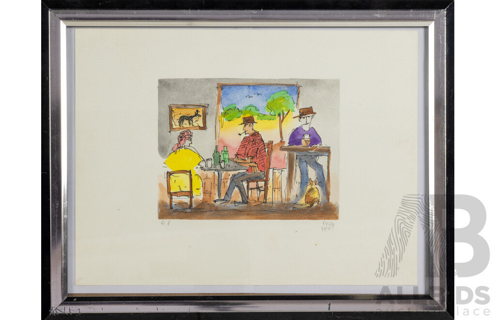 Pro Hart, (20th Century, Australian, 1928--2006), The Front Bar of the Pub, Hand Coloured Etching, 36 x 46 cm (frame)