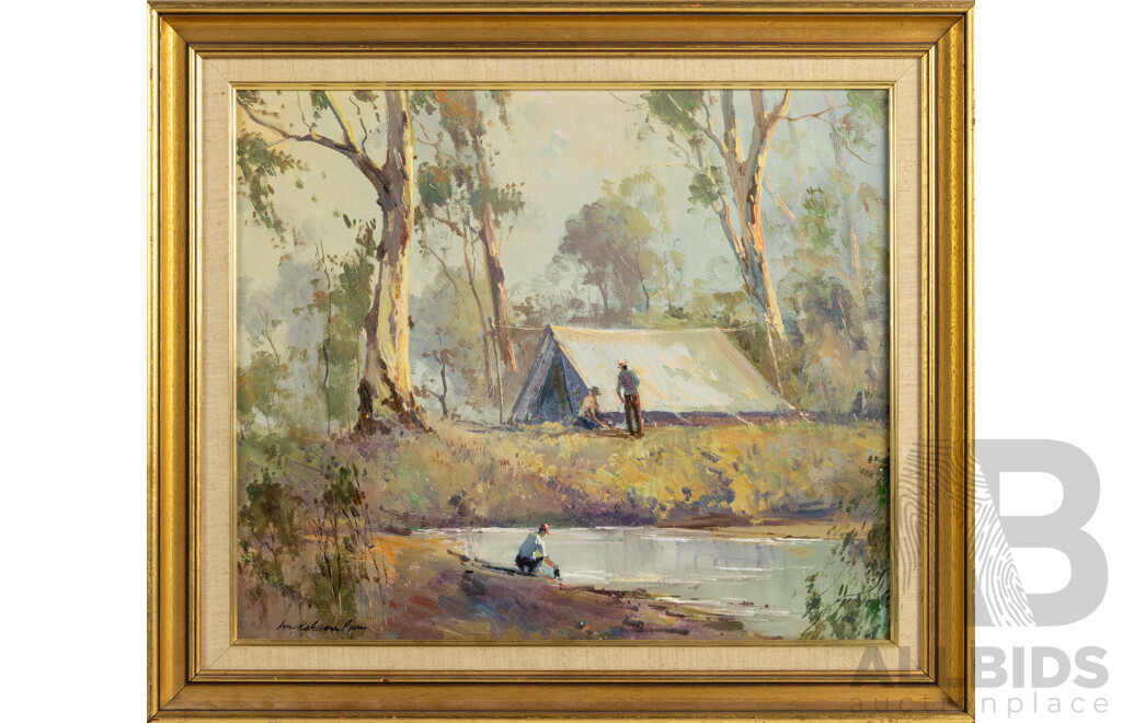 Wykeham Perry, (20th Century, Australian, 1936-2021), Camping by the Water, Vintage Oil on Board, 48 x 55 cm (frame)