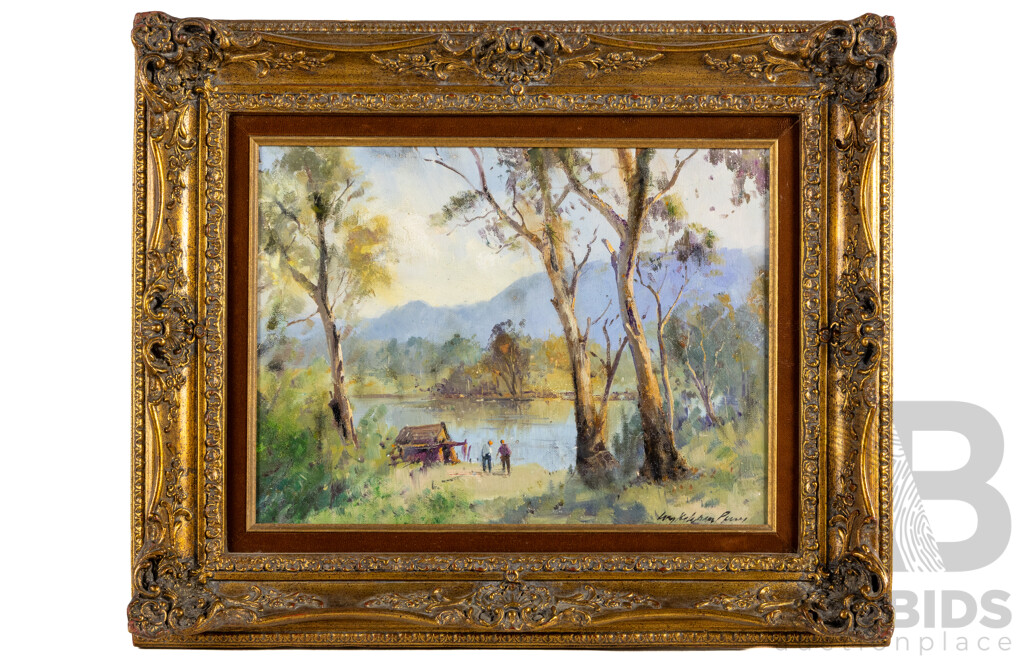 Wykeham Perry, (20th Century, Australian, 1936-2021), Riverside Shack, Lovely Vintage Oil on Board, 48 x 57 cm (frame)